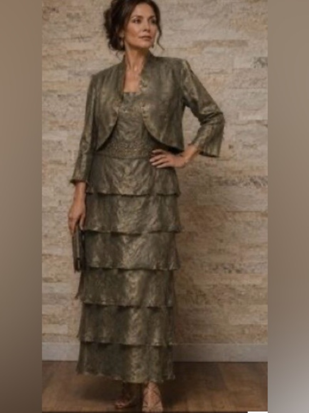 David's Bridal Metallic Gold / Bronze Tiered Maxi Dress & Jacket style 370480